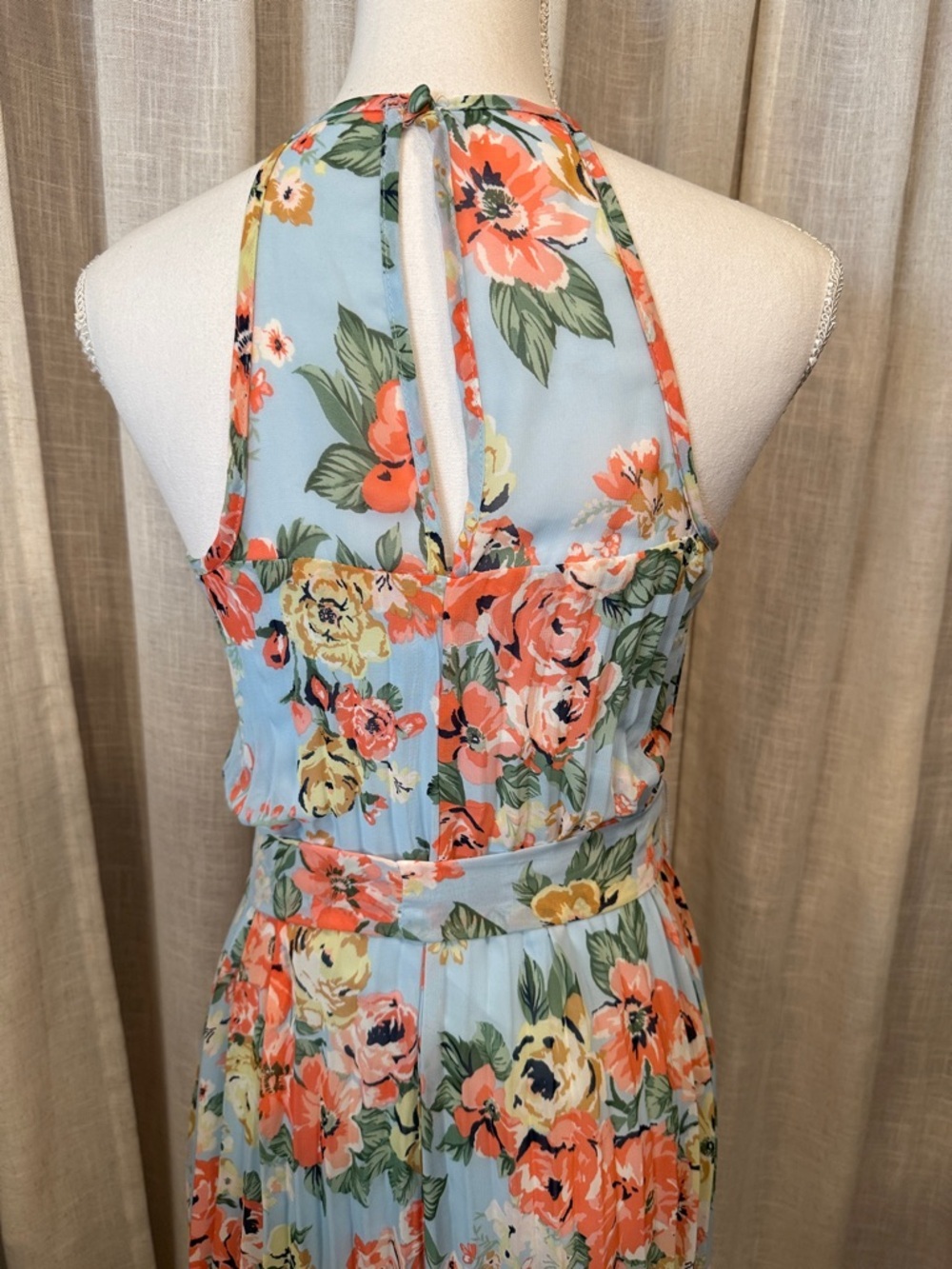 B Darlin Light Blue Floral Halter Maxi Dress with Coral & Yellow Blooms - Picture 6 of 13